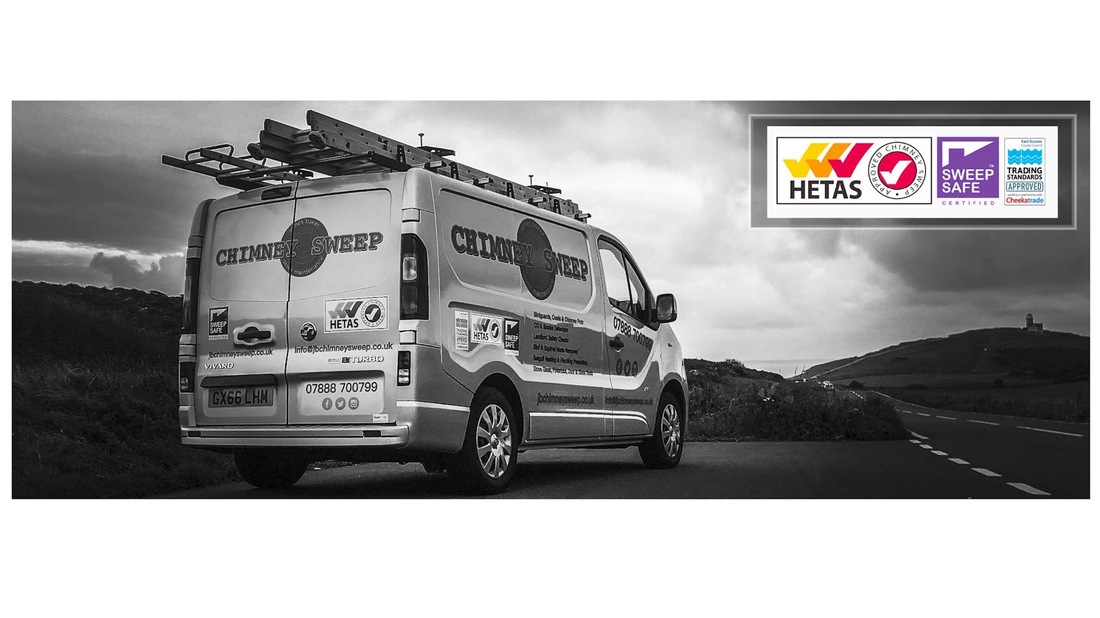 James's chimney sweep van on a coastal road