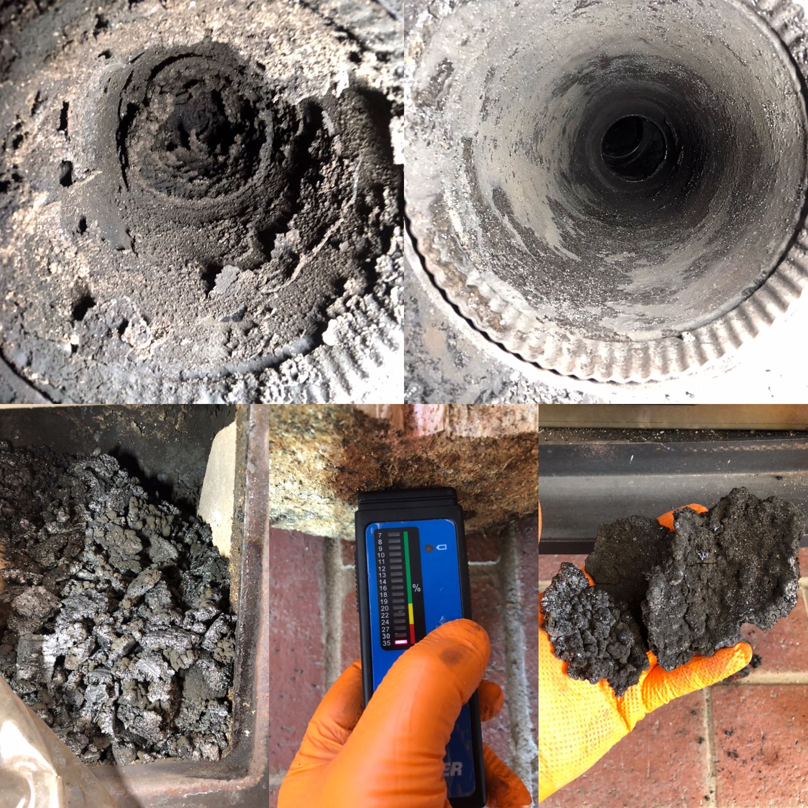 Before and after views of a flue being swept, with the soot removed and a moisture meter reading